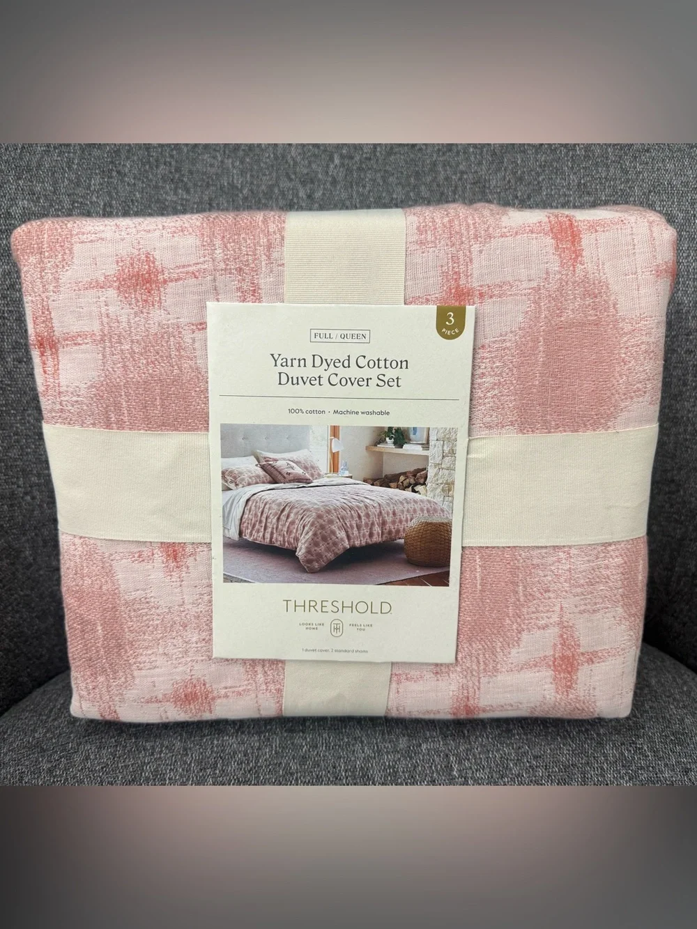 Full/Queen Yarn Dye Ilat Duvet Cover and Sham set Ivory/Mauve 100% Cotton